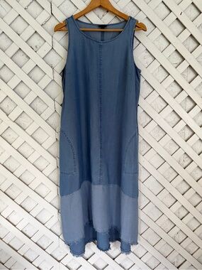 J. Jill Denim Chambray Sleeveless Midi Dress High Low Raw Hem Tencel Minimal M